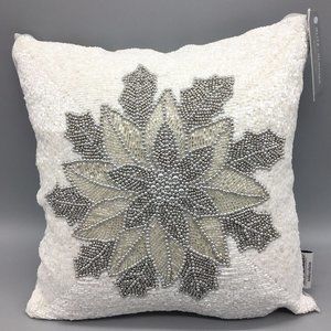 Glitz & Glimmer Christmas Beaded Silver Poinsettia Throw Pillow White Decor 14"